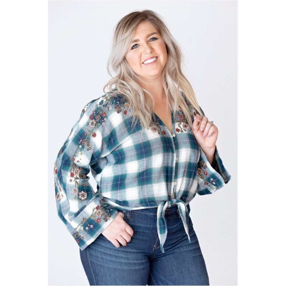 Blues and Greys Button Down, Boho, Tie Front Top